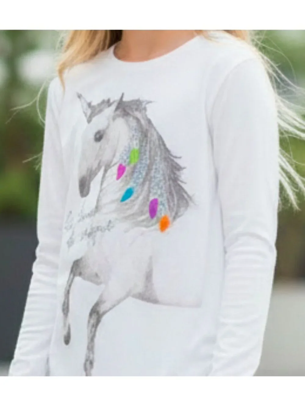 Girls XL Hanes Long-Sleeve White T-Shirt With Unicorn Graphic & Glitter Accents